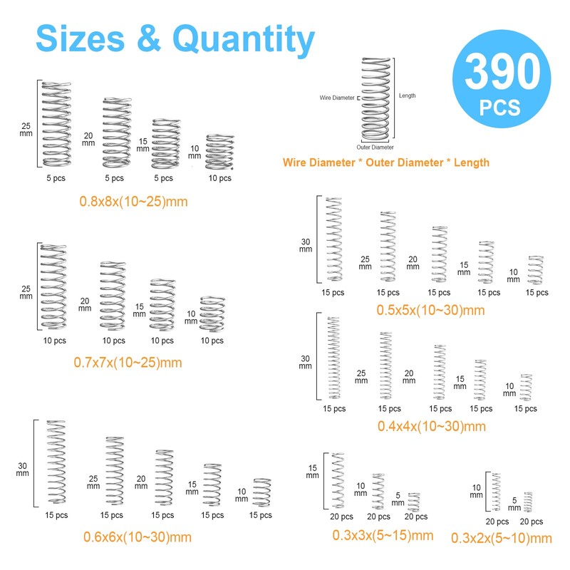SciWil 390-Piece Compression Spring Assortment Kit, 28 Sizes Small Springs