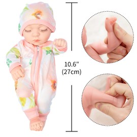 XFEYUE 10 Inch Newborn Reborn Baby Doll and Clothes Set Washable Realistic Soft Silicone Sleeping Baby Doll with Beautiful Flower Pattern Jumpsuit and Hat-Best Gift for Kids Girls
