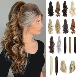 Felendy Claw Ponytail Extension 18" Ash Blonde Mix Chestnut Brown Clip in Curly Wavy Ponytail Hair Extensions Long Pony Tails Wave Hairpiece for Women Daily Wear