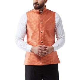 Sojanya (Since 1958 Men'S Silk Blend Orange & Gold Self Design Nehru Jacket, Size 42