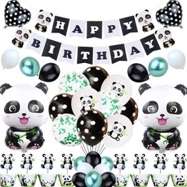 Welliboom Cute Cartoon Panda Birthday Party Supplies with Banner, Children Party Decoration, Children Panda Themed Birthday Party Decoration Full Birthday Set 65PCS For Birthday Party