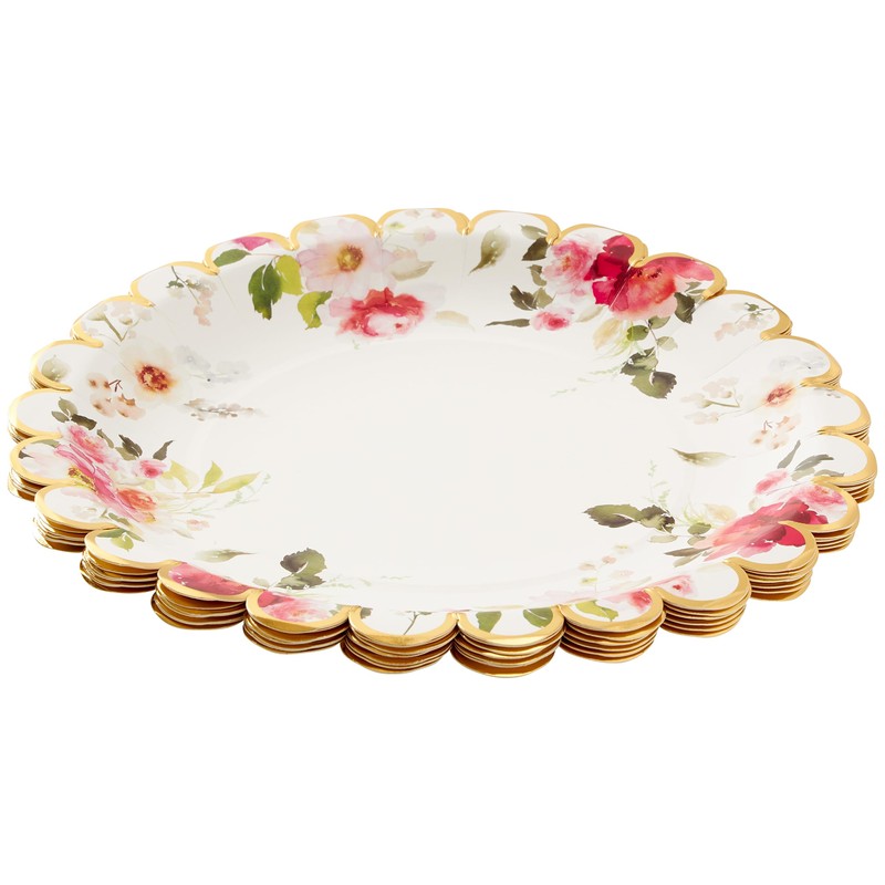 C.R. Gibson Floral Heart Gold Foil Scallop Edge Dinner Plates,