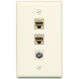 RiteAV 1 Gang Wall Plate 3 Port - 2 x Cat6 Ethernet, 1 x Coax - Flat Light-Almond