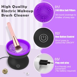 Luxiv - Máquina limpiadora de brochas de maquillaje eléctrica, para todos los tamaños, máquina giratoria automática, limpiador de brochas de maquillaje portátil (negro y morado)