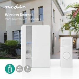 NEDIS DOORB223CWT Wireless Bell Set | Mains Operated | 80dB | Signal Range: 300 m | IP44 | Volume Adjustable | 36 Melodies | 1 Receiver | White