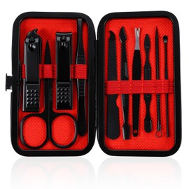 YUXMU 10 Pcs Nail Clippers Set, Men Women Manicure Set Stainless Steel Professional Pedicure Tool Sets with Leather Travel Case Nail Grooming Kits Fingernail Cutters Gifts for Men Women(Red, Black)