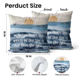 FISWAFY Watercolor Sun Ocean Christian Pillow Covers 18x18, Christian Home Decor, Psalm 93:4 Religious Bible Verse Decorative Throw Pillow Covers for Home Bedroom Living Room, Double-Sided