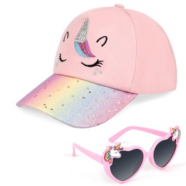 Hifot Unicorn Baseball Cap Sunglasses Set for Kids, Cute Unicorn Trucker Hat Adjustable Baseball Hat Girls Gift for Summer Outdoor Sports Travel Hat Pink
