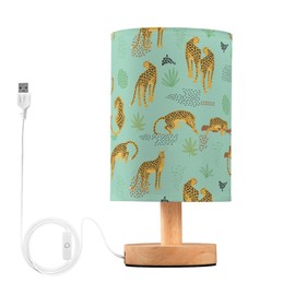 YYZZH Table Lamp Vintage Cheetah Leopard Animal Tropical Palm Leaf Print Nightstand Lamp with Wood Base Fabric Lamp Shade Bedside Desk Lamp for Living Room Bedroom Kids Room Office