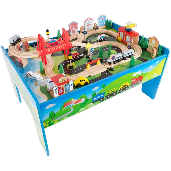 Wooden Train Set Table for Kids, Deluxe Had Painted Wooden Set with Tracks, Trains, Cars, Boats, and Accessories for Boys and Girls by Hey! Play!