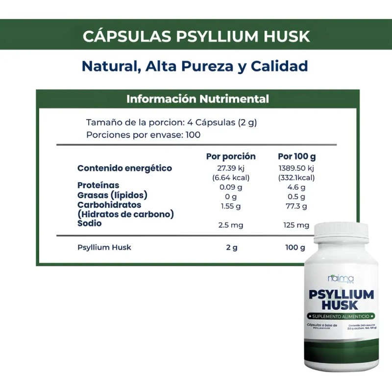 Psyllium Husk 500mg Naíma 240 Cápsulas Suplemento Fibra Digestiva
