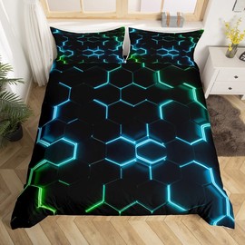Teal Green and Black Print Duvet Cover Hexagonal Bedding Set Kids Boys Teens Honeycomb Decor Comforter Cover Beehive Geometric Bedspread Cover Bedroom Collection 3Pcs Double Size