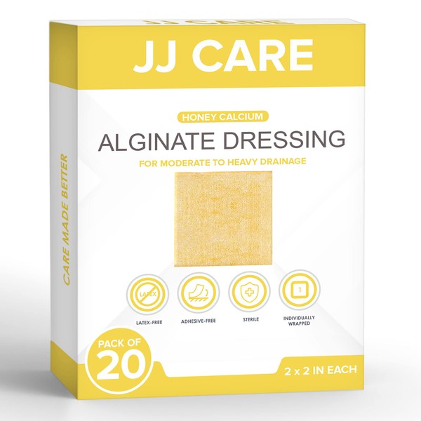 JJ CARE Honey Calcium Alginate Dressing 2”x2” [Pack of 20] Honey Wound Dressing with Calcium, Honey Patches for Faster Wound Care, Medical Grade Honey Bandages for Burns, Latex Free