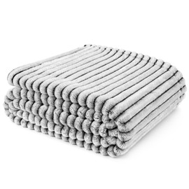 PAVILIA Super Soft Fleece Throw Blanket Black and White, Luxury Fuzzy Plush Flannel Throw, Warm Cozy Ribbed Microfiber Blanket for Sofa Couch Bed, Lightweight Striped Blanket, Black White, 50x60