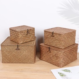 Moosky Wicker Shelf Baskets with Lid, Handwoven Seagrass Storage Basket Bins Square Gift Boxes for Shelves Home Decor Organizer (Coffee, X-Small)