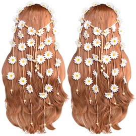 Sucrain 2pcs Flower Hippie Headband Floral Crown Summer Sunflower Hair Accessories for 70 s Bohemian Costumes Style(White+White)