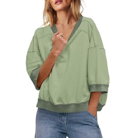 Yanekop Womens Crewneck Short Sleeve Sweatshirt 3/4 Sleeve Tops Color Block Oversized Sweatshirt Summer Shirts(Sage,S)