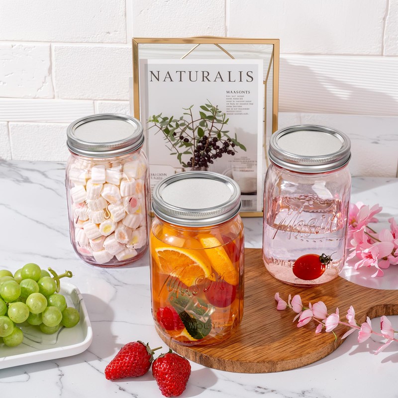 WELLIFE Pink Mason Jars 32 oz,9 Pack Wide Mouth Mason