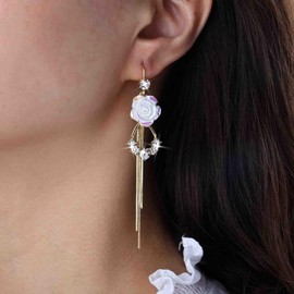 Boho Wedding Tiny White Flower Earrings Gold Hook Long Rhinestone Drop Earrings Bridal Dainty Cz Tearsdrop Sparkly Crystal Line Bar Chain Tassel Dangle Brides Floral Rose Simple Prom Party for Women