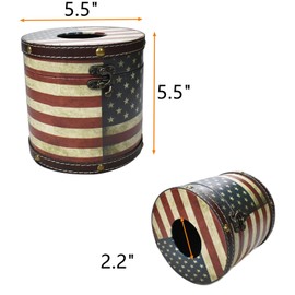 Decorative Toilet Paper Roll Cover with Lid - 5.5cm Diameter, PU Leather & Wood, Space-Saving, Multi-Color, Waterproof Bathroom Storage for Tissues, Cosmetics, Remotes (US Flag)