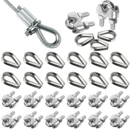 Prmape Pack of 24 Wire Rope Clamps 4 mm, 12 Pieces Rope Clamp M4 with 12 Pieces M4 Thimbles, Wire Rope Clamps 304 Stainless Steel, U-Bolt Bow Shape Steel Cable Rope Connector for Wire Rope Steel Cable