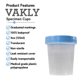 Vakly Specimen Cups With Leak Proof Screw on Lids - 4oz [Pack of 1000] Non-Sterile Urine Sample Containers (Covers may vary Blue or Green)