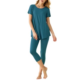 Latuza Women's Viscose Tunic Top Capri Leggings Pajamas Set L Teal