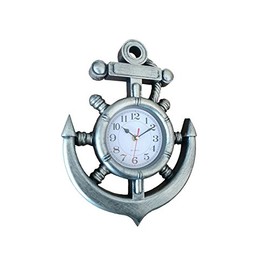 Silver Ship Wheel and Anchor Wall Clock 15" - Nautical Clock - Nautical Theme