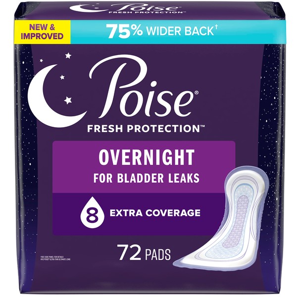 Poise Incontinence Pads & Postpartum Incontinence Pads, 8 Drop Overnight Absorbency, Extra-Coverage Length, 72 Pads (2 Packs of 36), Packaging May Vary
