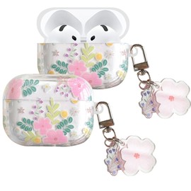 ECZOIL Cute Case Compatible with AirPods 4th Generation, Cute Floral Flower Soft Clear TPU Earphone Protective Case with Flower Keychain-Floral