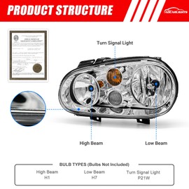 ADCARLIGHTS For 1999-2006 Volkswagen Golf MK4 Headlight Assembly with 1999-2002 VW Cabrio/2004 VW Golf R32 Chrome Housing Amber Reflector Headlamp Replacement Driver and Passenger Side