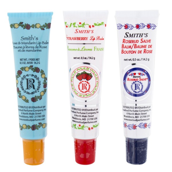 Rosebud Perfume Co. Tube 3 Pack: Smith's Rosebud Salve + Smith's Strawberry Lip Balm + Smith's Rose and Mandarin Lip Balm