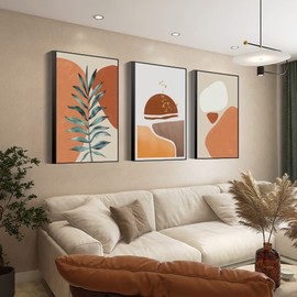 ARTKN Boho Wall Art Mid-Century Modern Wall Art 3 Piece Orange Abstract Framed Decor Minimalist Art Large Canvas Wall Art for Living Room Bedroom Office Artwork(Orange, 16" X 24" X 3 pieces)