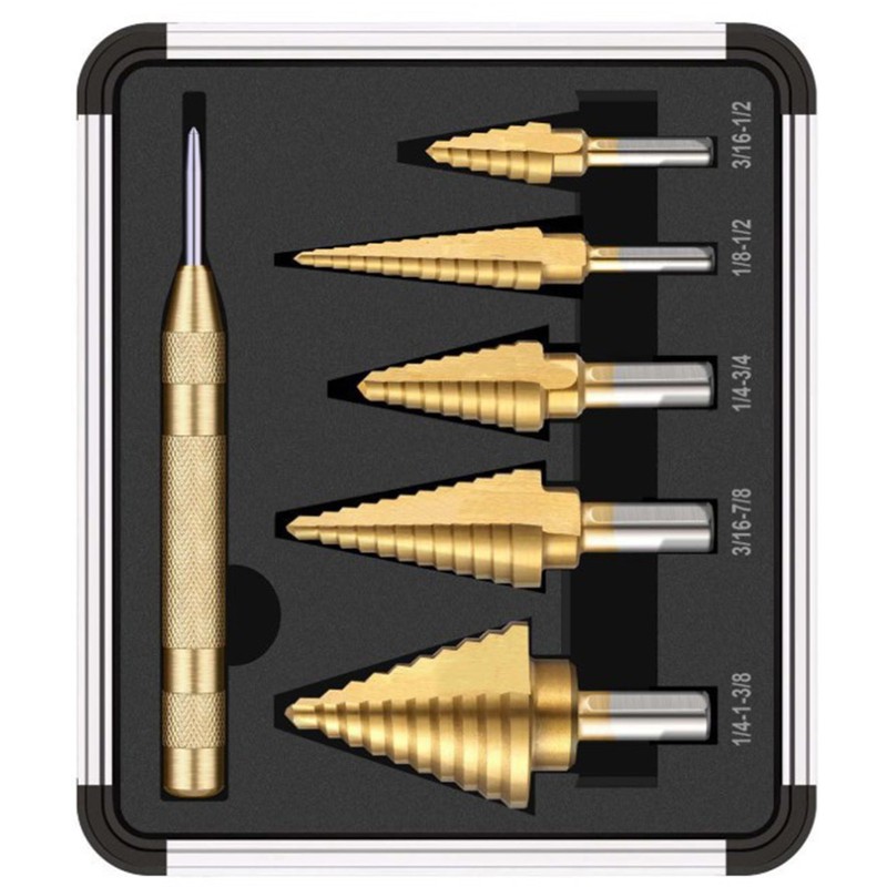 6Pcs Titanium Plated Step Drill Bit Center Punch Straight Flute