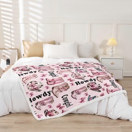 Western Cowgirl Throw Flannel Blanket,Princess Bowknot Kawaii Pink Bow-tie Fleece Throw Blanket for Home Decor Sofa Couch,Rustic Cowhide Print Cowgirl Boots Cap Fleece Blanket,40"x50"