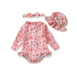 Toddler Swimsuit Girl 18-24 Month Swimsuit Girl 2t Swimsuit Ruffle Dark Pink Daisy One-Piece Rash Guard Sun Hat Long Sleeve Baby Bathing Suit Set Beach Swimwear