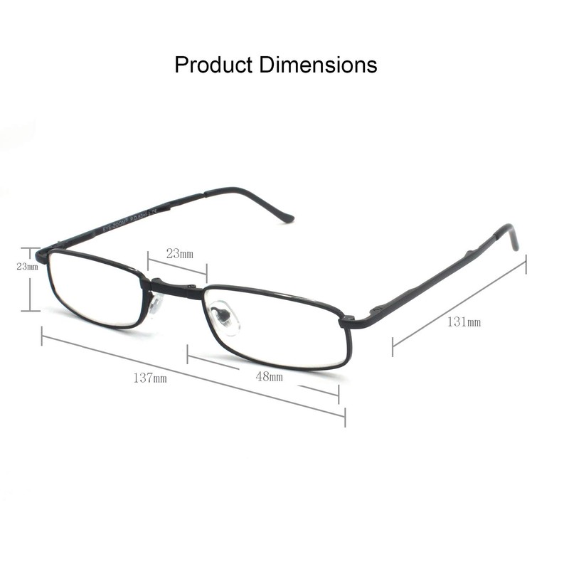 EYE ZOOM Compact Rectangular Metal Folding Reading Glasses with Leather