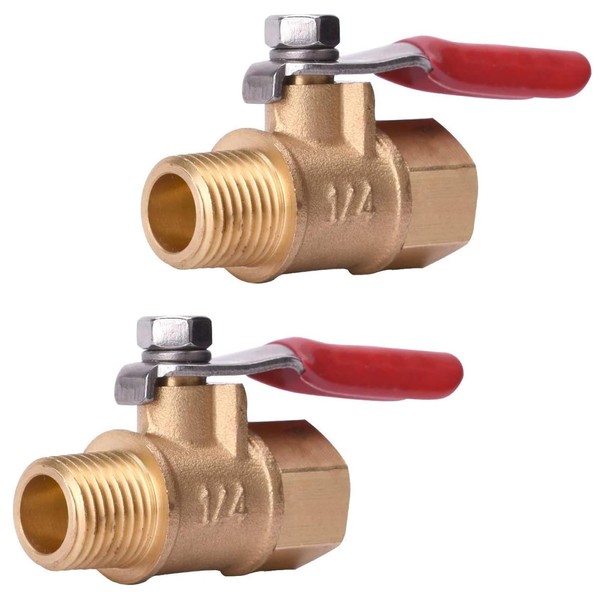 LOYELEY Air Line Cock, Set of 2, 1/4" Ball Valve, Brass for Air Compressor, Air Tool, No Leak, Drain Hose, Water, Oil, Gas Shut-Off, Full Port, Ball Valve, Rubber Handle Included