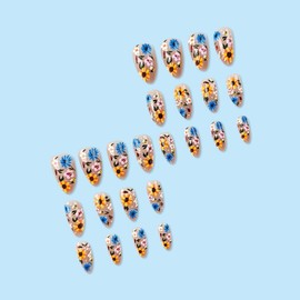 Press on Nails Short Almond False Nails 3D Landscape Flower Relief Nail Art Design Short Fake Nails 24 PCS Artificial Nude Full Cover Glue on Reusable Glossy Stick on Acrylic for Women