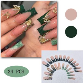 Green French Tip Press on Nails Long Coffin fake Nails Gold Glitter False Nails with Gold 3D Butterfly Designs Sparkly Artificial Nails Cute Stick on Nails for Women Girls Nails Decoration 24 Pcs