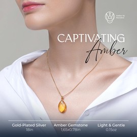 Amber by Mazukna - Baltic Amber Pendant for Women, Sparkling Amber Drop, Gold Plated Sterling Silver ag925 18inch Necklace, Cognac Color Jewelry for Ladies