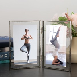 Silver 4x 6'' Double Hinged Floating Frame, For Photo Sizes (2x3'' 3.5x 5'' up to 4x6'' ), Beautiful Metal Lace Edge Frames Adjustable Tabletop/Shelf Photo Frame, Classy Gift Choice for Wedding,