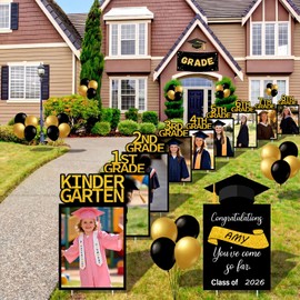 Yinkin 46 Pcs K-12 Picture Display Yard Signs with Stakes for 2026 Graduation Decorations Golden Balloons Balloons Whiteboard Marker for Senior High School Class of 2026 Grad Lawn Party Supplies