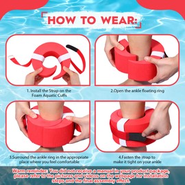RoundFunny 2 Pcs Foam Swim Aquatic Cuffs Equipment Water Aerobics Float Ring with Detachable Hook and Loop Fastener Fitness Workout Set for Swimming Fitness Training Pool Exercise (Red)