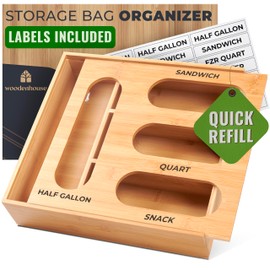 Food Storage Bag Organizer, Plastic Bag Organizer - Bamboo Monoblock Design Baggie Organizer for Drawer with Labels Included, Sandwich Bag Organizer, Quick Refill Slider, by Woodenhouse