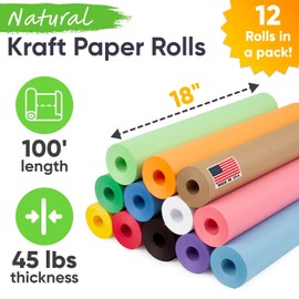Paclord 12" x 1200" (100 ft) Pack of 12 Rolls USA Made Multi-Color Kraft Paper Rolls Set, 45 lbs – Colored Kraft Paper for Packing, Arts and Crafts, DIY Projects, Gift Wrapping