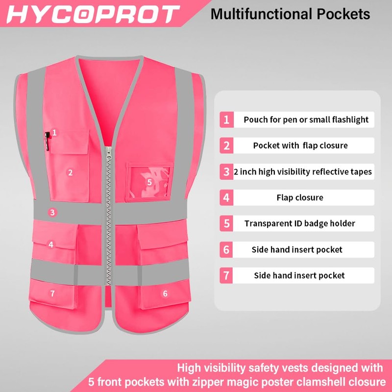 HYCOPROT High Visibility Safety Reflective Vest with Pockets and Zipper,