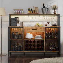 Gyfimoie Wine Cabinet with Drawer, LED 55 Inches Industry Coffee Bar Cabinet with Wine Rack and Glass Goblet Holder, Kitchen Sideboard Buffet Cabinet for Liquor and Goblet (Rustic)