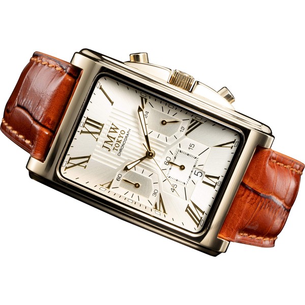 JMW TOKYO Men's Square Wristwatch, Gold & Brown, Square, Rectangular,