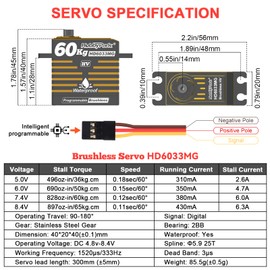 HobbyPark Waterproof 828oz 60KG High Torque Servo Brushless Motor 8.4V HV Servo Metal Gear Digital Servo Programmable for 1/8 1/10 1/12 RC Crawler RC Truck RC Car Buggy Robotic DIY Control Angle 180°